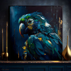 Поп арт слика на платно со мотив PREMIUM ART - Rainbow Feathers in Flight, птица во сино-зелено нијанси, драматична атмосфера, погоден за работна соба – производ