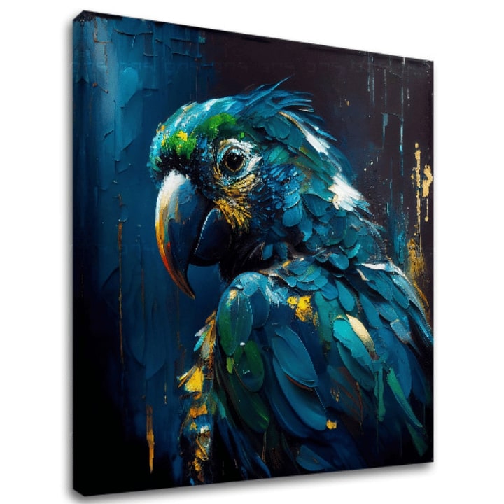 Поп арт слика на платно со мотив PREMIUM ART - Rainbow Feathers in Flight, птица во сино-зелено нијанси, драматична атмосфера, погоден за работна соба – главна