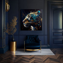 Поп арт слика на платно со мотив PREMIUM ART - Spotted Hunter's Elegance во сино-златно нијанси, величествена атмосфера, луксузен впечаток и сила – производ, поглед 2