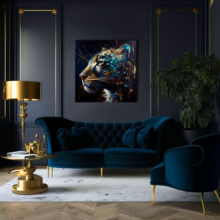 Поп арт слика на платно со мотив PREMIUM ART - Spotted Hunter's Elegance во сино-златно нијанси, величествена атмосфера, луксузен впечаток и сила – производ, поглед 3