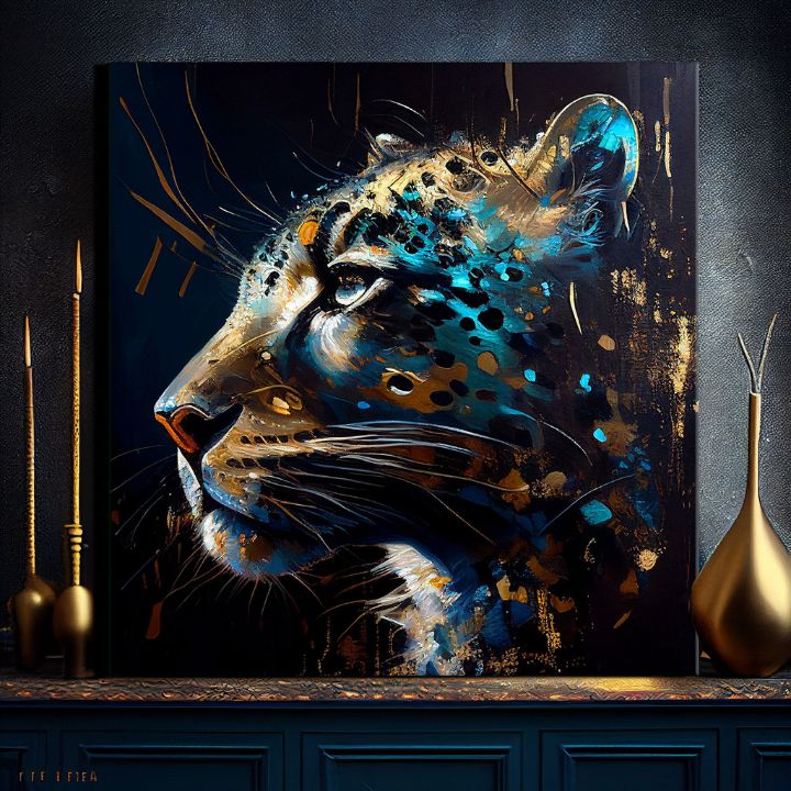 Поп арт слика на платно со мотив PREMIUM ART - Spotted Hunter's Elegance во сино-златно нијанси, величествена атмосфера, луксузен впечаток и сила – производ