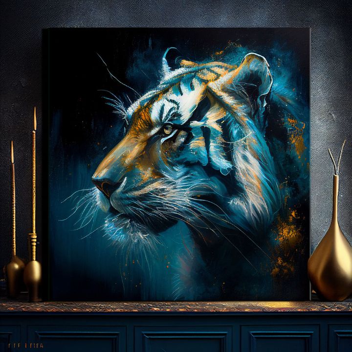 Арт деко слика на платно со мотив PREMIUM ART - Tiger's Mighty Spirit, тигар во сино-портокалово нијанси, интензивна атмосфера, погоден за канцеларија – производ