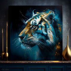 Арт деко слика на платно со мотив PREMIUM ART - Tiger's Mighty Spirit, тигар во сино-портокалово нијанси, интензивна атмосфера, погоден за канцеларија – производ
