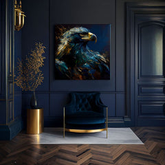 Арт деко слика на платно со мотив PREMIUM ART - Wilderness's Fearless Hunter, orol во сино-златно нијанси, величествена атмосфера, погоден за канцеларија – производ