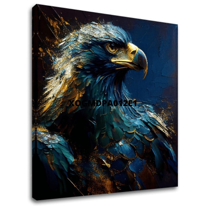 Арт деко слика на платно со мотив PREMIUM ART - Wilderness's Fearless Hunter, orol во сино-златно нијанси, величествена атмосфера, погоден за канцеларија – главна