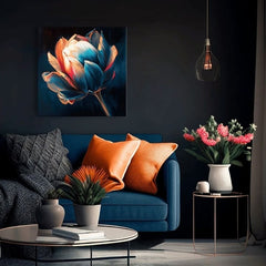 Во бохо стил слика на платно со мотив Prebudenie krásy, лалe, цвет, цвеќиња, природа во сино-портокалово нијанси, елегантна атмосфера, погоден за ходник – производ, поглед 2
