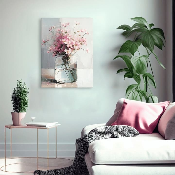Модерна слика на платно со мотив Кревка елеганција, цвеќиња, мапа, природа во бело-розово нијанси, мирна атмосфера, пролетна атмосфера и природа – производ