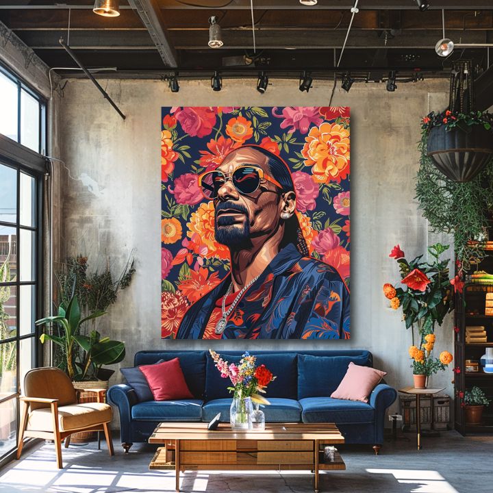 Модерна слика на платно со мотив Snoop Dogg - Ikona rapovej scény, цвеќиња во портокалово нијанси | Слика Snoop Dogg - Ikona rapovej scény – производ, поглед 2