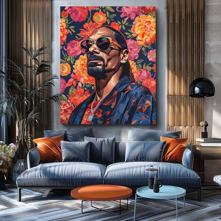 Модерна слика на платно со мотив Snoop Dogg - Ikona rapovej scény, цвеќиња во портокалово нијанси | Слика Snoop Dogg - Ikona rapovej scény – производ