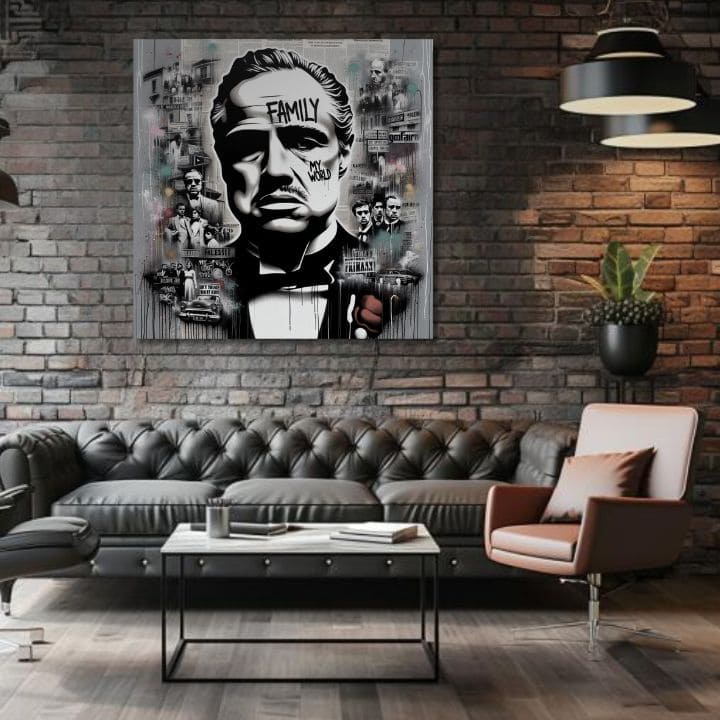 Во бохо стил слика на платно со мотив The Godfather - Mafiánsky Boss, мапа во бело-сиво нијанси, сила и моќ и филмски свет, погоден за канцеларија – производ