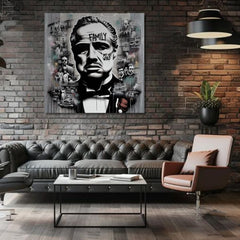 Во бохо стил слика на платно со мотив The Godfather - Mafiánsky Boss, мапа во бело-сиво нијанси, сила и моќ и филмски свет, погоден за канцеларија – производ