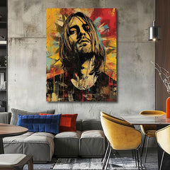 Модерна слика на платно во жолто-црно нијанси, рок и рол и музичка историја | Kurt Cobain na платно - Hudobná revolúcia – производ, поглед 2