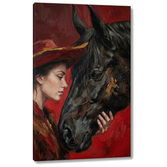 Модерна слика на жена со коњ на платно — 3D визуелизација на canvas со видлива дрвена рамка, Papilora.