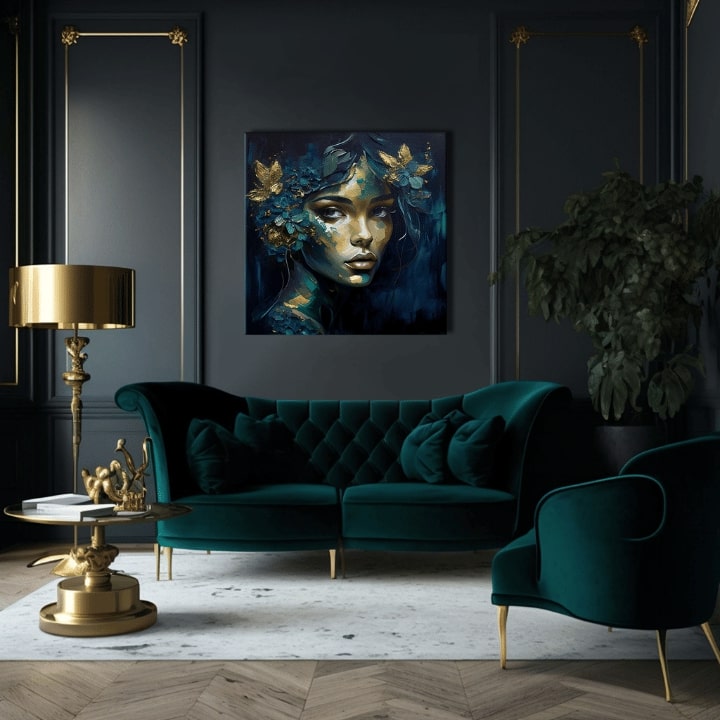 Арт деко слика на платно со мотив Feminine Grace in Motion, цвеќиња, пеперутки, златни акценти, природа во сино-зелено нијанси, погоден за работна соба – производ, поглед 2