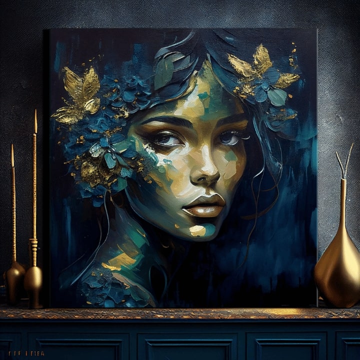 Арт деко слика на платно со мотив Feminine Grace in Motion, цвеќиња, пеперутки, златни акценти, природа во сино-зелено нијанси, погоден за работна соба – производ