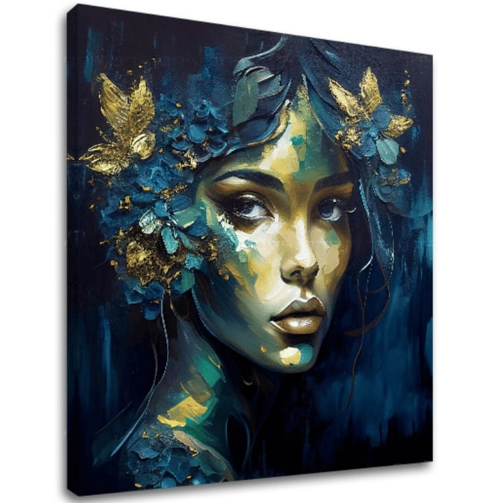Арт деко слика на платно со мотив Feminine Grace in Motion, цвеќиња, пеперутки, златни акценти, природа во сино-зелено нијанси, погоден за работна соба – главна
