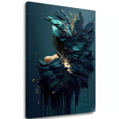 Арт деко слика на платно со мотив Feminine Touch of Angelic Beauty, златни акценти во сино-зелено нијанси, меланхолична атмосфера, погоден за работна соба – главна
