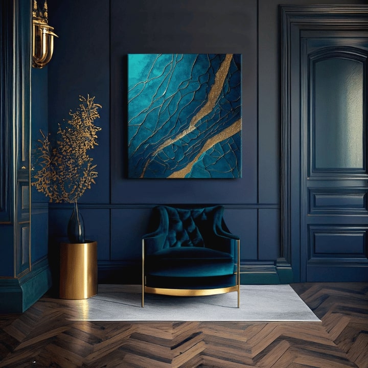 Поп арт слика на платно со мотив Infinite Layers of Abstraction во тиркизно-златно нијанси, елегантна атмосфера, луксузен впечаток и природа – производ