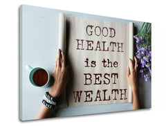 Модерна слика на платно со мотив Good health, цвеќиња, мотивациски цитат, религиозен мотив, природа во беж-кафеаво нијанси, мирна атмосфера – производ