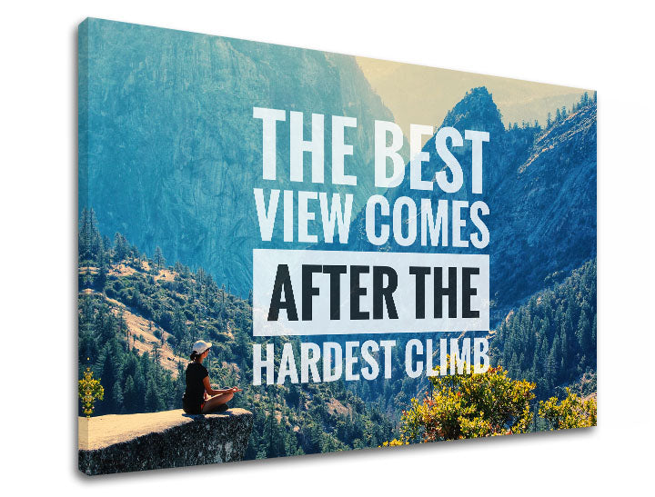Модерна слика на платно со мотив The best view comes, шума, мотивациски цитат во бело-црно нијанси, природа и внатрешен мир, погоден за канцеларија – производ