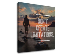 Во бохо стил слика на платно со мотив Don´t create limitations, океан, залез на сонце, море и плажа, мотивациски цитат во бело нијанси, погоден за канцеларија – производ