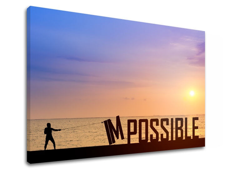 Во бохо стил слика со мотив Impossible, залез на сонце, океан во виолетово-сино нијанси | Мотивациска слика за ѕид Impossible, природа – преглед