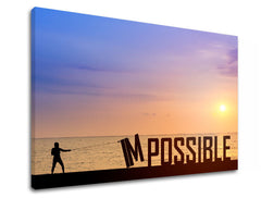 Во бохо стил слика на платно со мотив Impossible, залез на сонце, океан, пејзаж, море и плажа во виолетово-сино нијанси, инспиративна атмосфера – производ