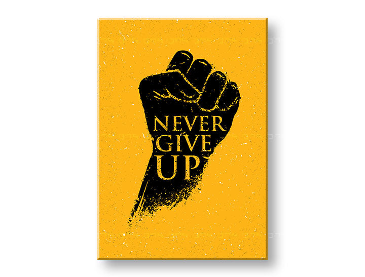 Модерна слика на платно со мотив Never give up, мотивациски цитат во црно-жолто нијанси, сила, погоден за канцеларија | Мотивациска слика за ѕид Never give up – главна