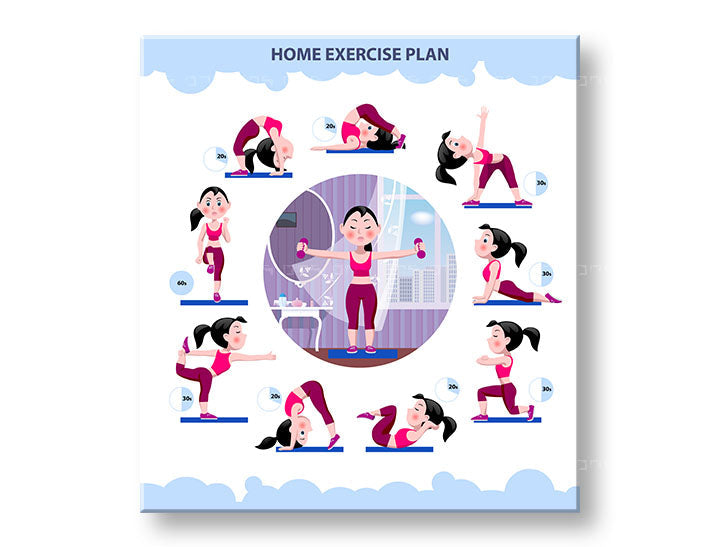 Модерна слика на платно со мотив Home exercise plan, мотивациски цитат, спортски мотив во бело-сино нијанси, енергична атмосфера, погоден за работна соба – главна