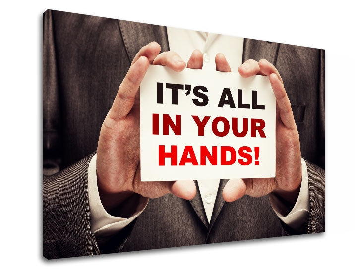 Арт деко слика со мотив Its all in your hands, мотивациски цитат во бело-црвено нијанси | Мотивациска слика за ѕид Its all in your hands_001 – преглед
