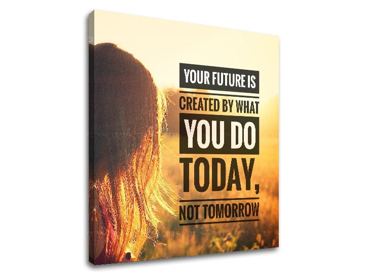 Модерна слика со мотив Your future is created, залез на сонце, поле во бело-златно нијанси | Мотивациска слика за ѕид Your future is created – преглед