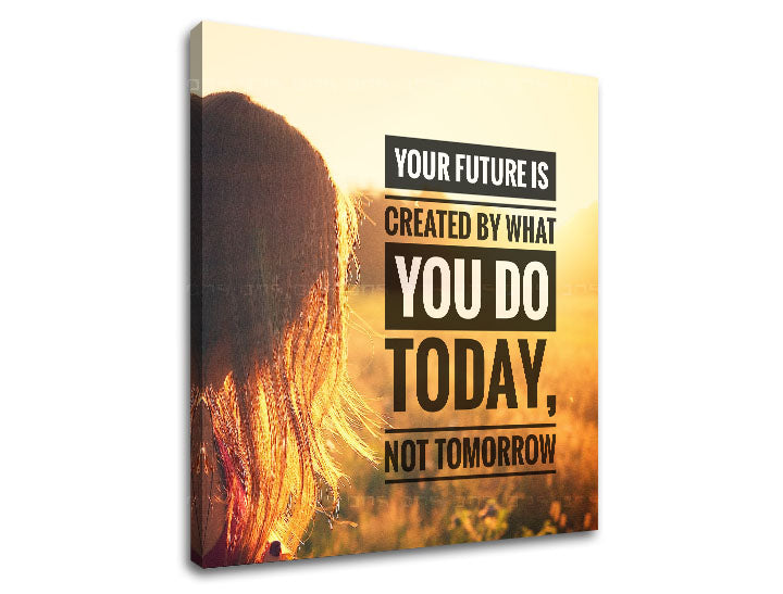 Модерна слика на платно со мотив Your future is created, залез на сонце, поле, коса, пејзаж во бело-златно нијанси, погоден за канцеларија | Мотивациска слика за ѕид Your future is created
