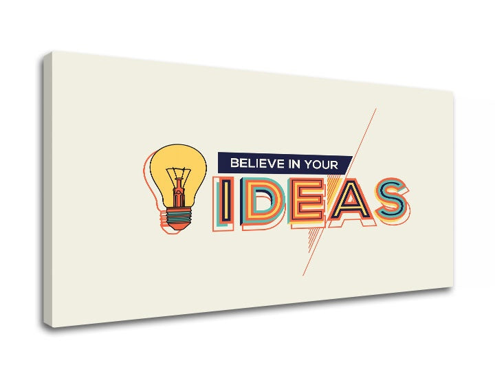 Модерна слика со мотив Believe in your ideas, мотивациски цитат, природа во беж-сино нијанси | Мотивациска слика за ѕид Believe in your ideas – преглед