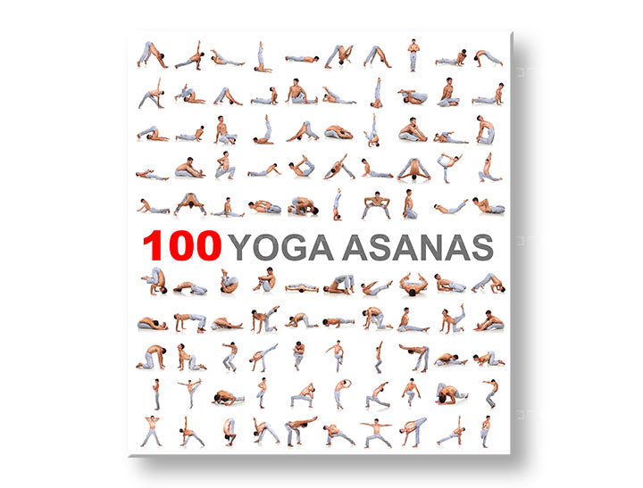 Модерна слика на платно со мотив 100 Yoga asanas, мотивациски цитат во бело-сиво нијанси, внатрешен мир | Мотивациска слика за ѕид 100 Yoga asanas – главна