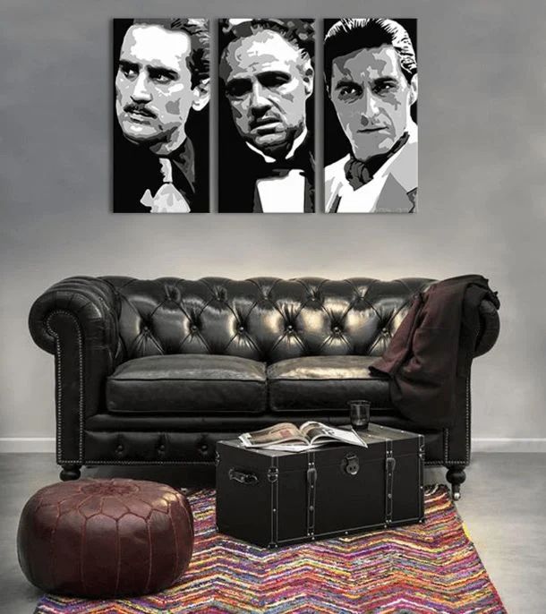 Модерна слика на платно со мотив The Godfather во црно-бело нијанси, интензивна атмосфера, семејство и сила и моќ | Најголеми МАФИЈАШИ на платно - The Godfather – производ, поглед 2