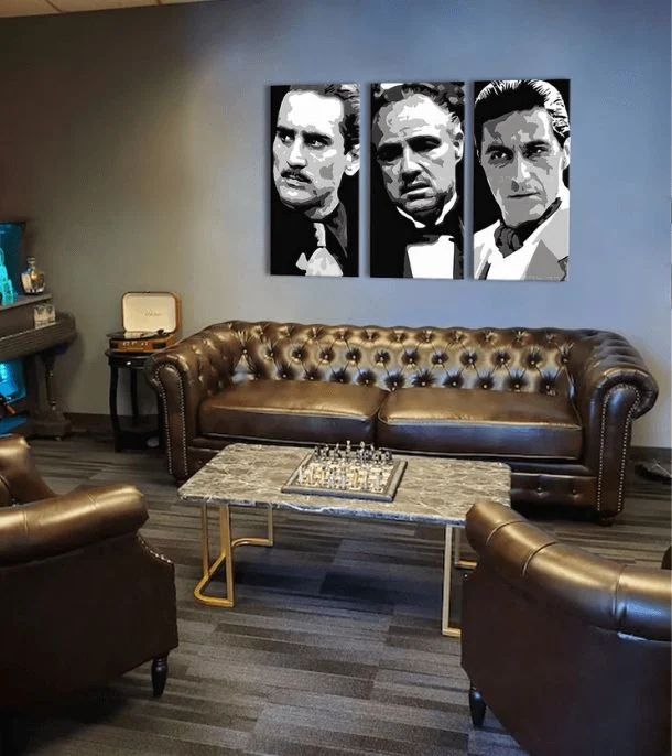 Модерна слика на платно со мотив The Godfather во црно-бело нијанси, интензивна атмосфера, семејство и сила и моќ | Најголеми МАФИЈАШИ на платно - The Godfather – производ, поглед 3