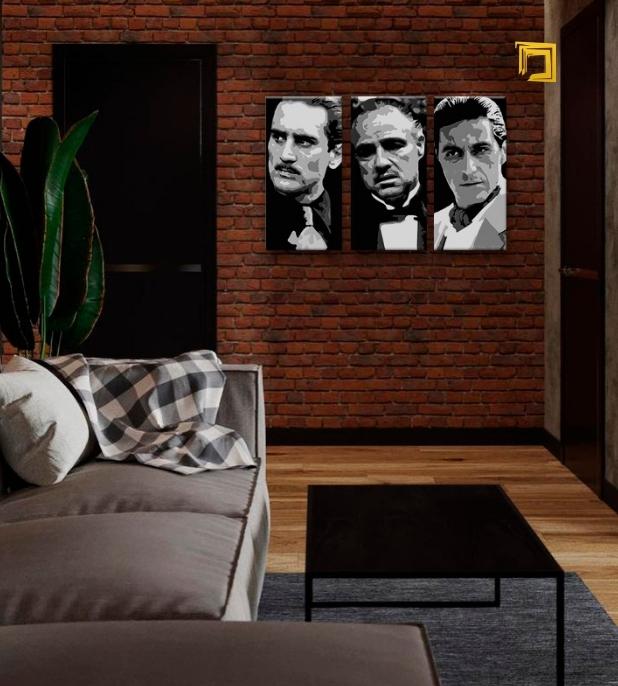 Модерна слика на платно со мотив The Godfather во црно-бело нијанси, интензивна атмосфера, семејство и сила и моќ | Најголеми МАФИЈАШИ на платно - The Godfather – главна