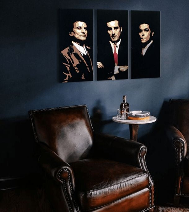Модерна слика на платно со мотив Goodfellas - Najlepšie mafiánske roly во црно-беж нијанси, слава | Најголем mafiáni na платно Goodfellas - Najlepšie mafiánske roly – главна