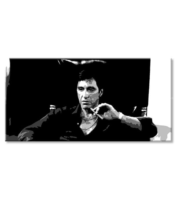 Поп арт слика на платно со мотив Nahnevaný Tony Montana s cigarou v ruke, автомобил, природа во бело-црно нијанси, интензивна атмосфера – производ, поглед 2