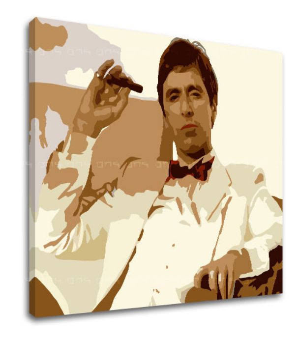 Поп арт слика на платно со мотив Tony Montana fajčiaci cigaru, природа во кафеаво нијанси, сила и моќ и криминална драма, погоден за канцеларија – производ, поглед 2