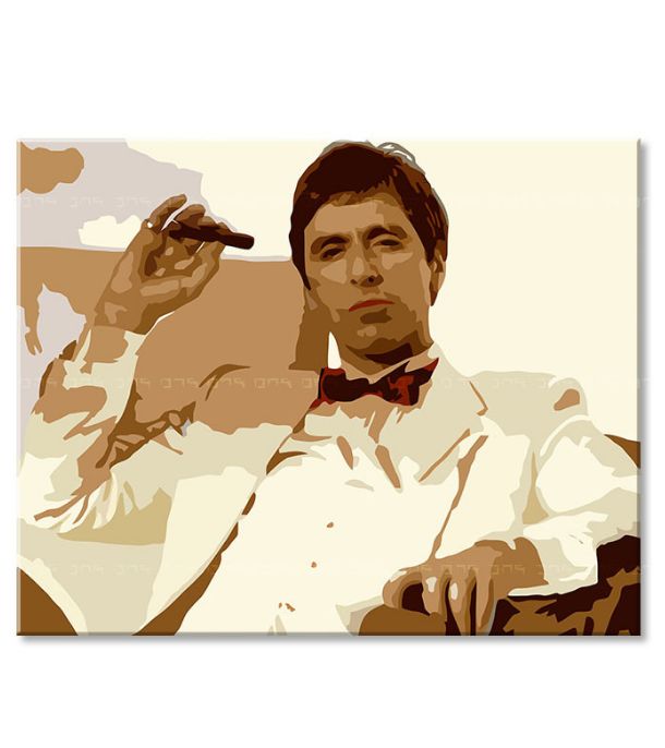 Поп арт слика на платно со мотив Tony Montana fajčiaci cigaru, природа во кафеаво нијанси, сила и моќ и криминална драма, погоден за канцеларија – производ, поглед 3