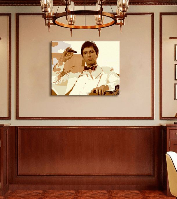 Поп арт слика на платно со мотив Tony Montana fajčiaci cigaru, природа во кафеаво нијанси, сила и моќ и криминална драма, погоден за канцеларија – производ