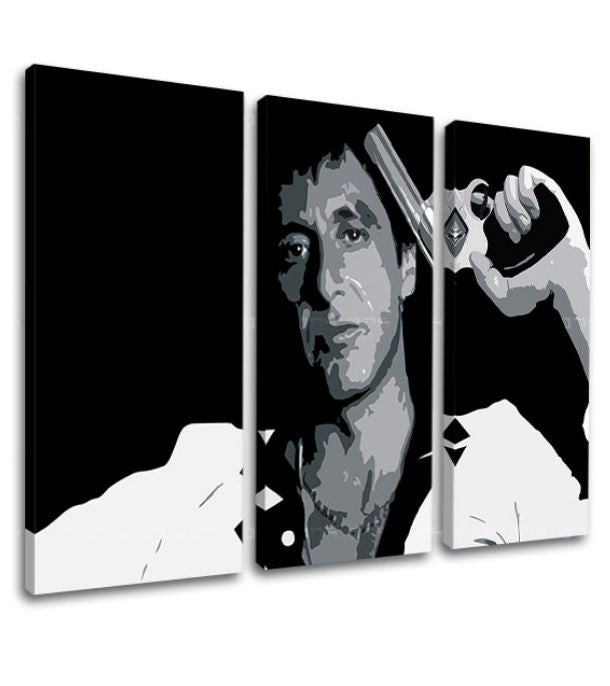 Поп арт слика на платно со мотив Tony Montana so zbraňou v ruke во бело-сиво нијанси, интензивна атмосфера, филмски свет и сила и моќ | Најголем mafiáni na платно Scarface - Tony Mon..., поглед 3