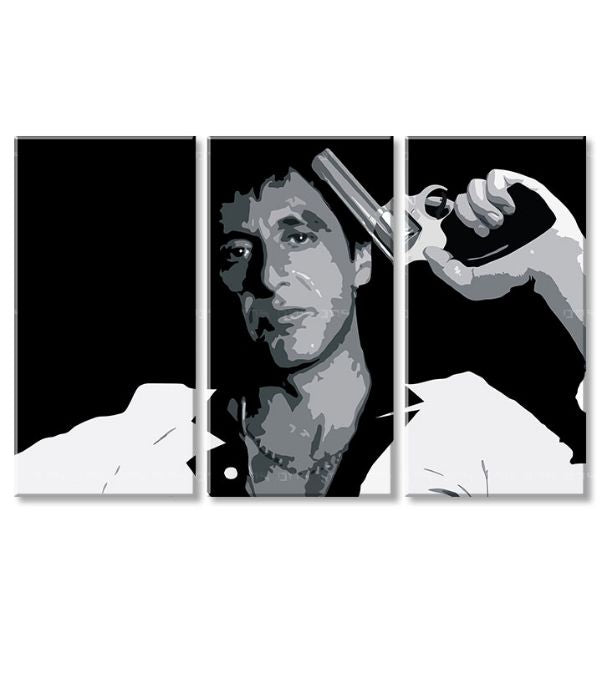 Поп арт слика на платно со мотив Tony Montana so zbraňou v ruke во бело-сиво нијанси, интензивна атмосфера, филмски свет и сила и моќ | Најголем mafiáni na платно Scarface - Tony Mon..., поглед 4