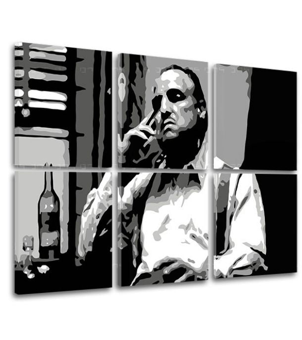 Поп арт слика на платно со мотив The Godfather - Vito Corleone s шише škótskej, цигара, шише во бело-црно нијанси, меланхолична атмосфера – производ, поглед 2