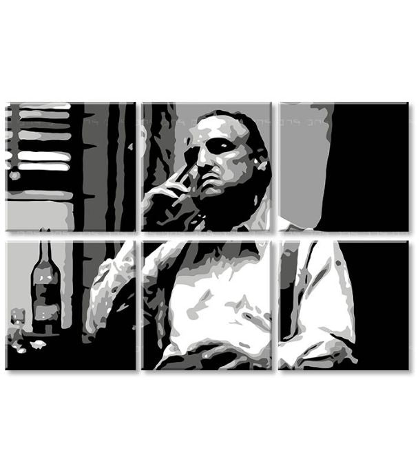 Поп арт слика на платно со мотив The Godfather - Vito Corleone s шише škótskej, цигара, шише во бело-црно нијанси, меланхолична атмосфера – производ, поглед 3