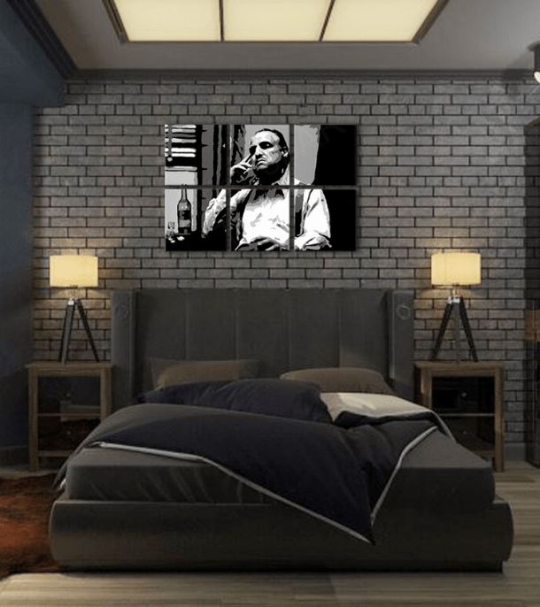 Поп арт слика на платно со мотив The Godfather - Vito Corleone s шише škótskej, цигара, шише во бело-црно нијанси, меланхолична атмосфера – производ