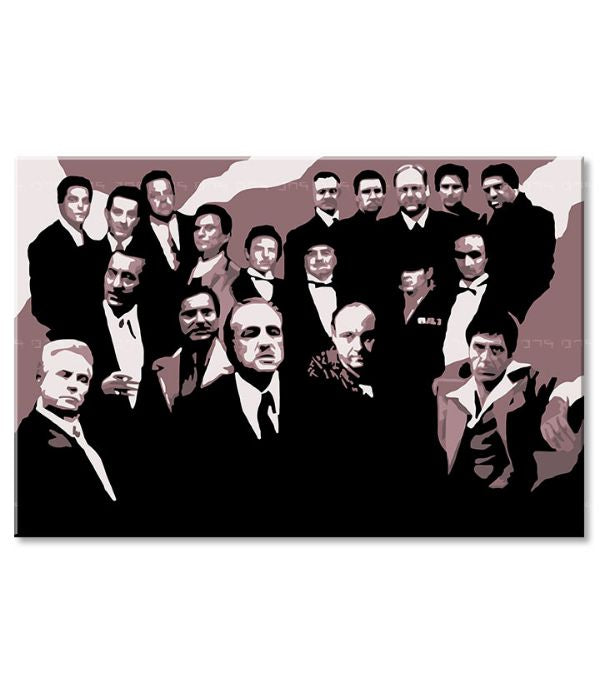 Поп арт слика на платно со мотив The Mafia family, автомобил во кафеаво-црвено нијанси, драматична атмосфера, семејство и сила и моќ, погоден за канцеларија – производ, поглед 3