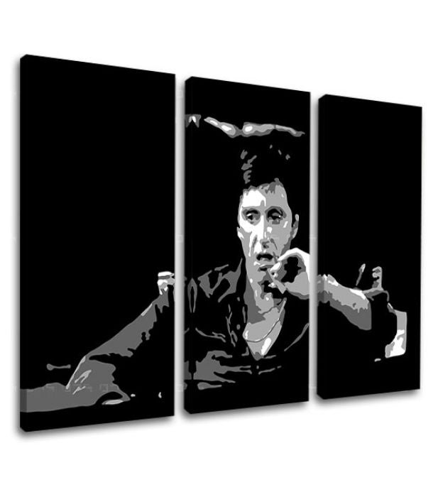 Поп арт слика на платно со мотив Tony Montana размислува nad svojim plánom, цигара во бело-црно нијанси, дрска атмосфера, филмски свет и носталгија – производ