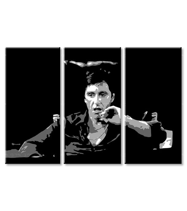 Поп арт слика на платно со мотив Tony Montana размислува nad svojim plánom, цигара во бело-црно нијанси, дрска атмосфера, филмски свет и носталгија – производ, поглед 2